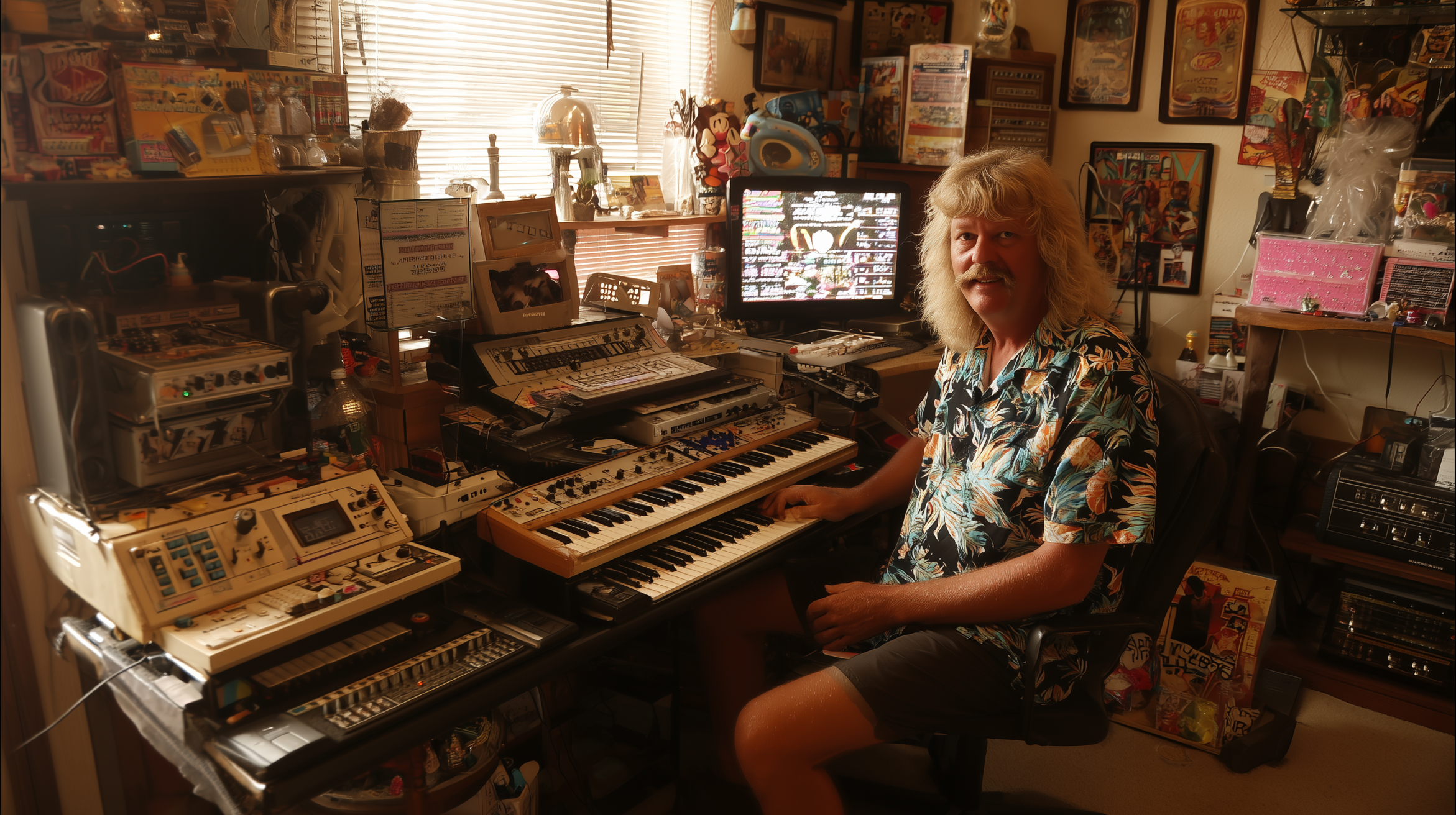 Stan Bran at his home studio, surrounded by vintage synths and keyboards